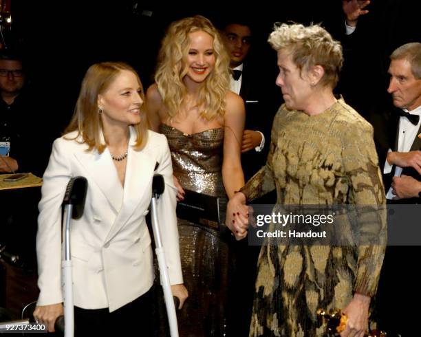 In this handout provided by A.M.P.A.S., Jodie Foster, Jennifer Lawrence and Frances McDormand attend the 90th Annual Academy Awards at the Dolby...