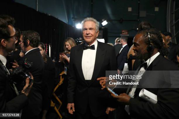 In this handout provided by A.M.P.A.S., Warren Beatty attends the 90th Annual Academy Awards at the Dolby Theatre on March 4, 2018 in Hollywood,...