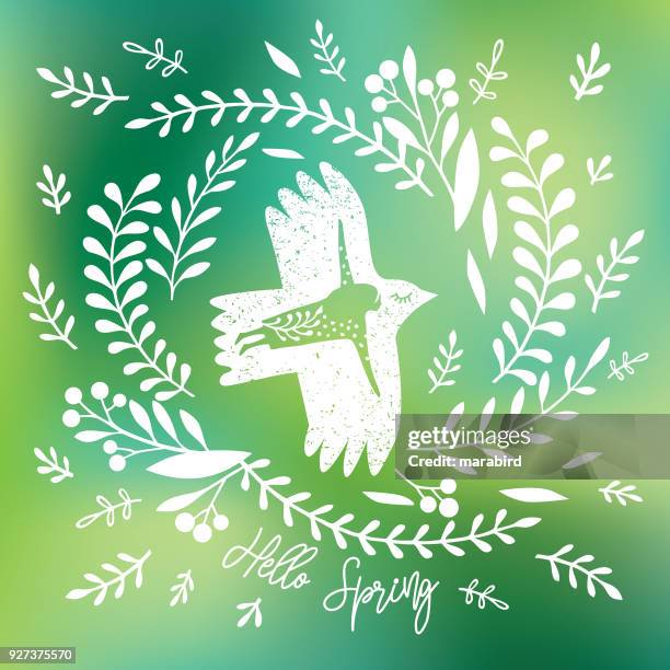 hello spring bird woman flying - abstract geometric silhouette woman stock illustrations