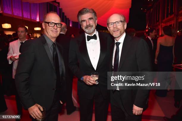 Michael Keaton, Tom Freston and Ron Howard attend the 2018 Vanity Fair Oscar Party hosted by Radhika Jones at Wallis Annenberg Center for the...