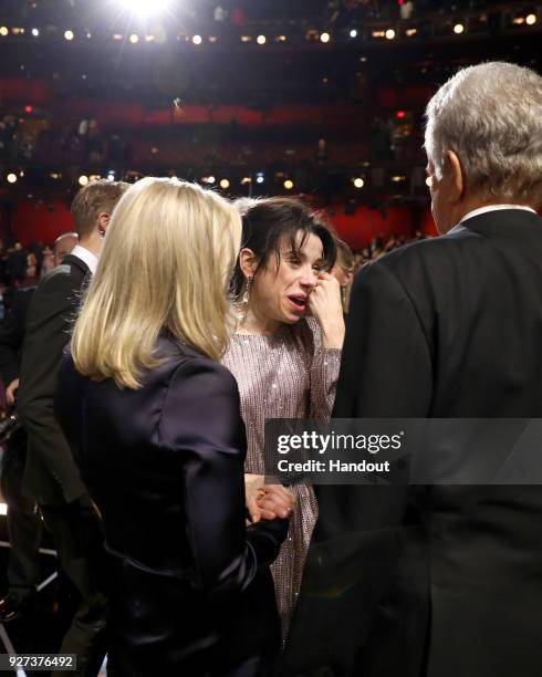 In this handout provided by A.M.P.A.S., Faye Dunaway, Sally Hawkins and Warren Beatty attend the 90th Annual Academy Awards at the Dolby Theatre on...