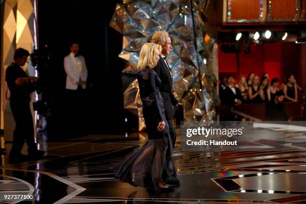 In this handout provided by A.M.P.A.S., Faye Dunaway and Warren Beatty attend the 90th Annual Academy Awards at the Dolby Theatre on March 4, 2018 in...