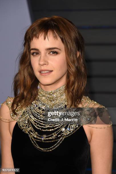 Emma Watson attends the 2018 Vanity Fair Oscar Party hosted by Radhika Jones at the Wallis Annenberg Center for the Performing Arts on March 4, 2018...