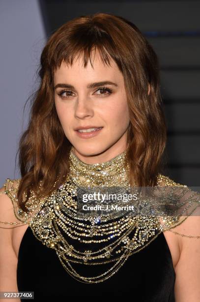 Emma Watson attends the 2018 Vanity Fair Oscar Party hosted by Radhika Jones at the Wallis Annenberg Center for the Performing Arts on March 4, 2018...