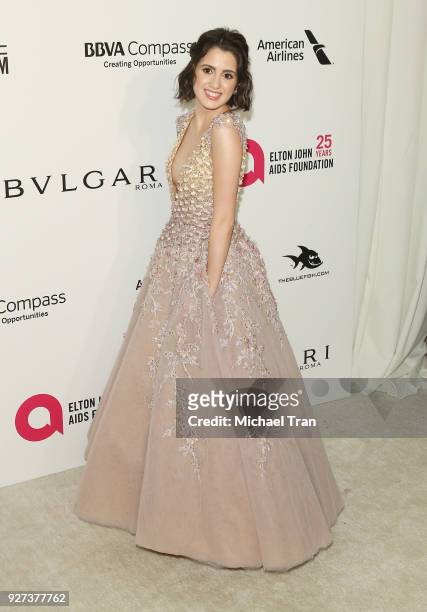 Laura Marano arrives to the 26th Annual Elton John AIDS Foundation's Academy Awards Viewing Party held at West Hollywood Park on March 4, 2018 in...