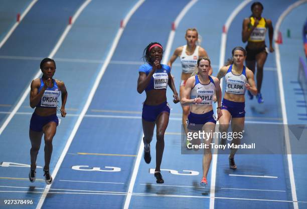 Courtney Okolo of the United States, Shakima Wimbley of the United States and Eilidh Doyle battle for the lead in the Women's 400m Final during Day...