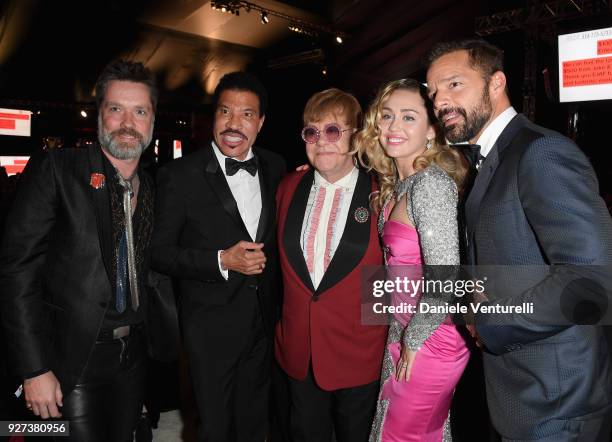 Rufus Wainwright, Lionel Richie, Sir Elton John, Miley Cyrus, and Ricky Martin attend Elton John AIDS Foundation 26th Annual Academy Awards Viewing...