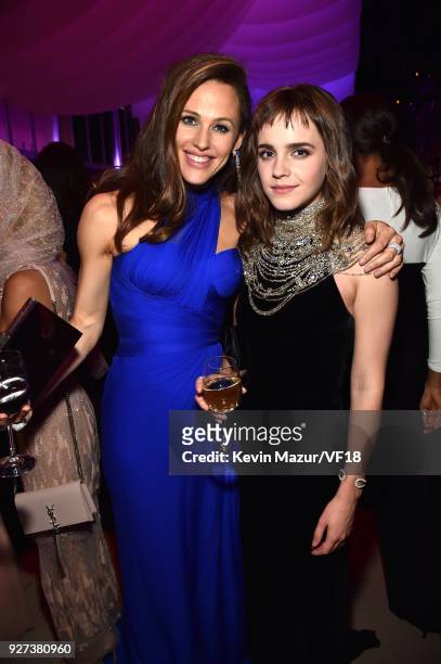 Jennifer Garner and Emma Watson attend the 2018 Vanity Fair Oscar Party hosted by Radhika Jones at Wallis Annenberg Center for the Performing Arts on...
