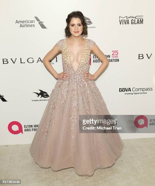 Laura Marano arrives to the 26th Annual Elton John AIDS Foundation's Academy Awards Viewing Party held at West Hollywood Park on March 4, 2018 in...