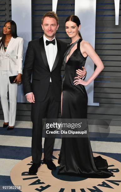 Chris Hardwick and Lydia Hearst attend the 2018 Vanity Fair Oscar Party hosted by Radhika Jones at Wallis Annenberg Center for the Performing Arts on...