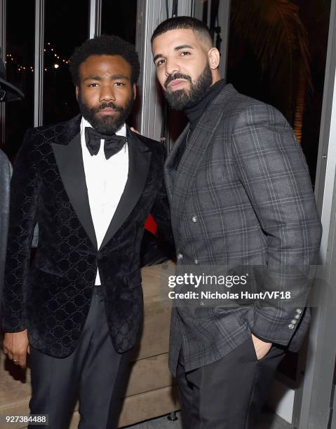 Donald Glover and Drake attend the 2018 Vanity Fair Oscar Party hosted by Radhika Jones at Wallis Annenberg Center for the Performing Arts on March...