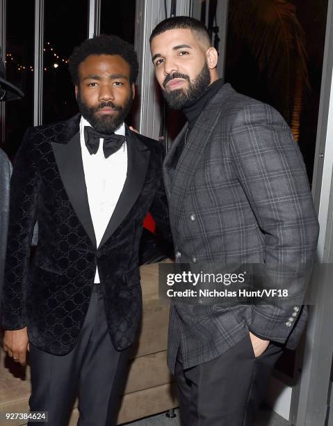 Donald Glover and Drake attends the 2018 Vanity Fair Oscar Party hosted by Radhika Jones at Wallis Annenberg Center for the Performing Arts on March...