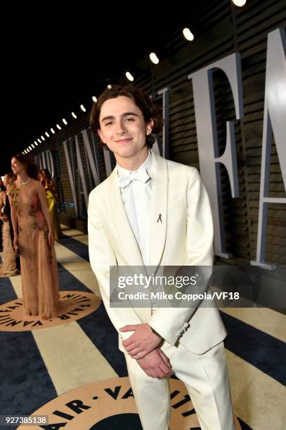 Timothee Chalamet attends the 2018 Vanity Fair Oscar Party hosted by Radhika Jones at Wallis Annenberg Center for the Performing Arts on March 4,...