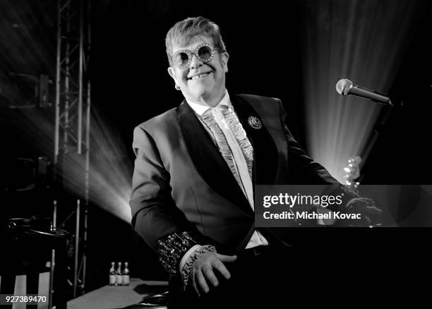 Editor's note: This image was converted to black and white.] Sir Elton John performs onstage during the 26th annual Elton John AIDS Foundation...