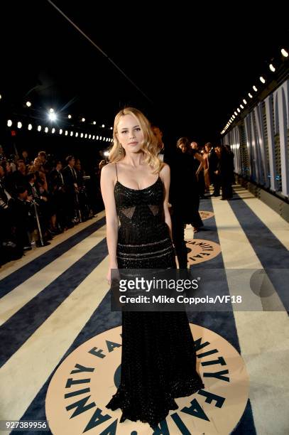 Halston Sage attends the 2018 Vanity Fair Oscar Party hosted by Radhika Jones at Wallis Annenberg Center for the Performing Arts on March 4, 2018 in...