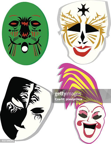 vier masken - aztec mask stock-grafiken, -clipart, -cartoons und -symbole