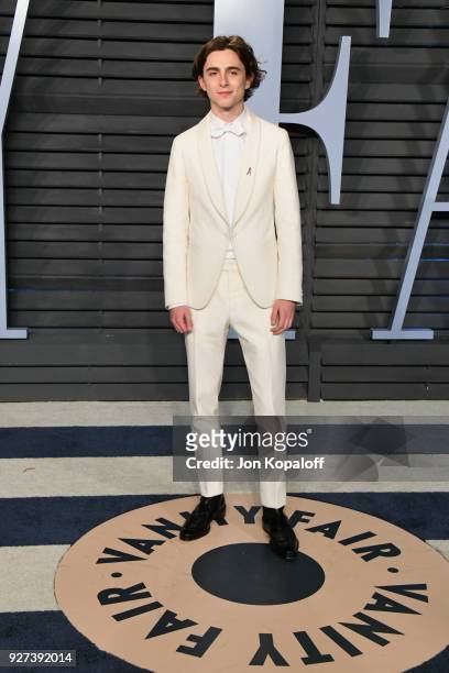 Timothee Chalamet wears Jaeger-LeCoultre Reverso watch at the 2018 Vanity Fair Oscar Party hosted by Radhika Jones at Wallis Annenberg Center for the...