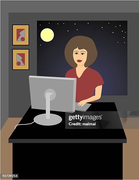 woman working late - computer office night stock illustrations