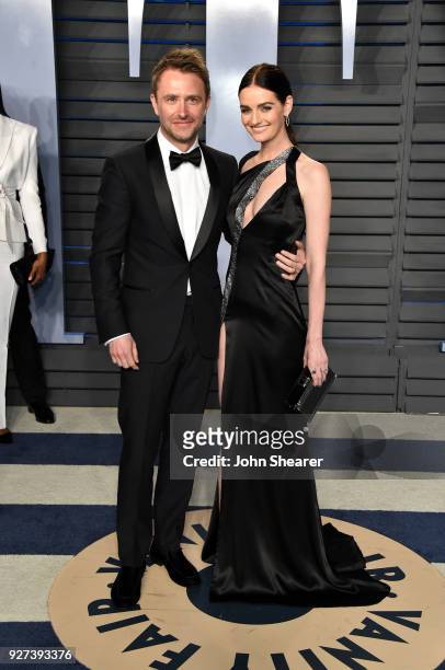Actor Chris Hardwick and Lydia Hearst attend the 2018 Vanity Fair Oscar Party hosted by Radhika Jones at Wallis Annenberg Center for the Performing...