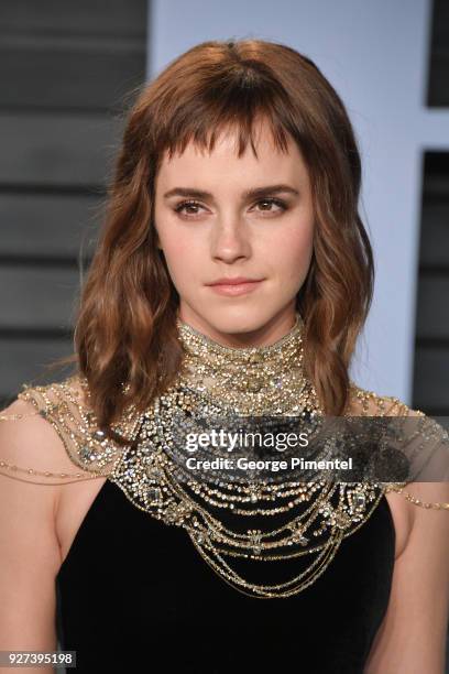 Emma Watson attends the 2018 Vanity Fair Oscar Party hosted by Radhika Jones at Wallis Annenberg Center for the Performing Arts on March 4, 2018 in...