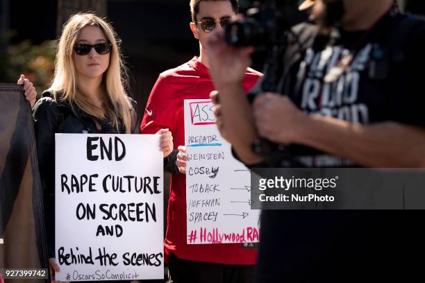Protesters gather to call for an end to the statutes of limitation on rape and sexual assault prevalent in Hollywood and the entertainment industry....