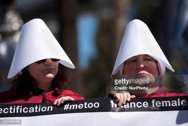 Protesters gather to call for an end to the statutes of limitation on rape and sexual assault prevalent in Hollywood and the entertainment industry....