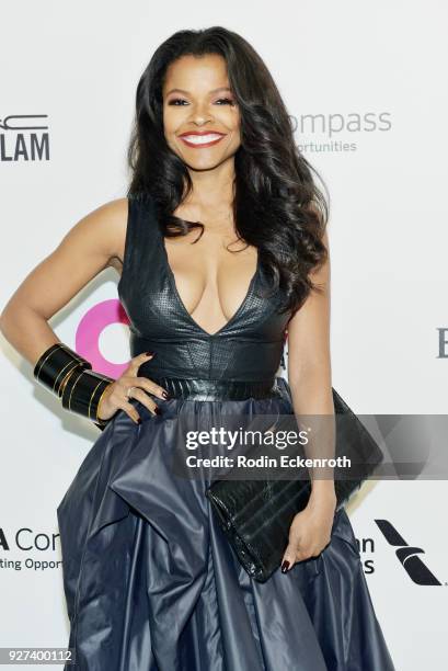 Bradford Sharp and Keesha Sharp attends the 26th annual Elton John AIDS Foundation Academy Awards Viewing Party sponsored by Bulgari, celebrating...