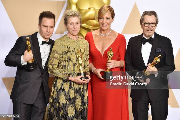 Sam Rockwell, Frances McDormand, Allison Janney and Gary Oldman attend the 90th Annual Academy Awards - Press Room on March 4, 2018 in Hollywood,...