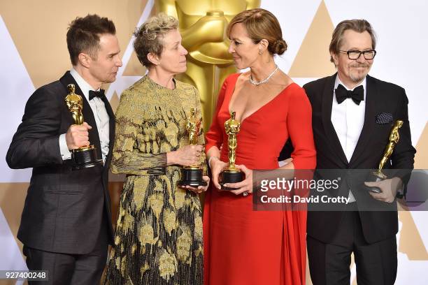 Sam Rockwell, Frances McDormand, Allison Janney and Gary Oldman attend the 90th Annual Academy Awards - Press Room on March 4, 2018 in Hollywood,...