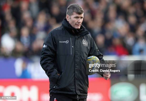 Rob Baxter, the Exeter Chiefs director of rugby looks on during the Aviva Premiership match between Exeter Chiefs and Saracens at Sandy Park on March...