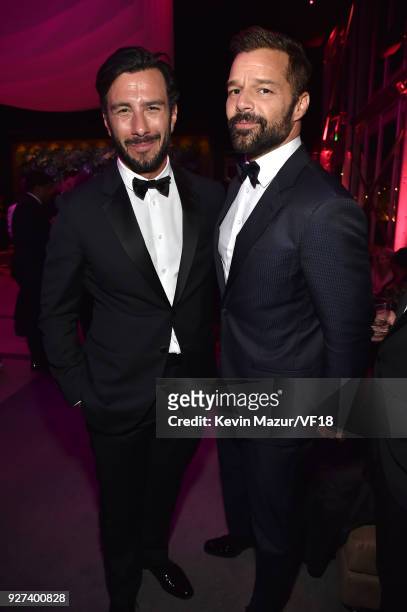 Jwan Yosef and Ricky Martin attends the 2018 Vanity Fair Oscar Party hosted by Radhika Jones at Wallis Annenberg Center for the Performing Arts on...