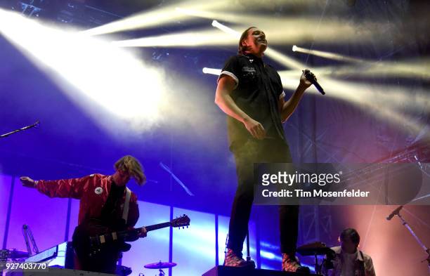 Richard Reed Parry and Win Butler of Arcade Fire perform during the 2018 Okeechobee Music Festival at Sunshine Grove on March 4, 2018 in Okeechobee,...