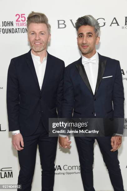 Rob France and Tan France attends the 26th annual Elton John AIDS Foundation Academy Awards Viewing Party sponsored by Bulgari, celebrating EJAF and...