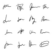 Set of black hand drawn sprawling signatures