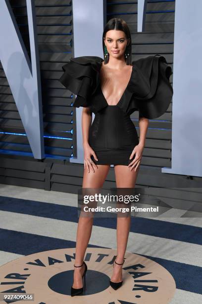 Kendall Jenner attends the 2018 Vanity Fair Oscar Party hosted by Radhika Jones at Wallis Annenberg Center for the Performing Arts on March 4, 2018...