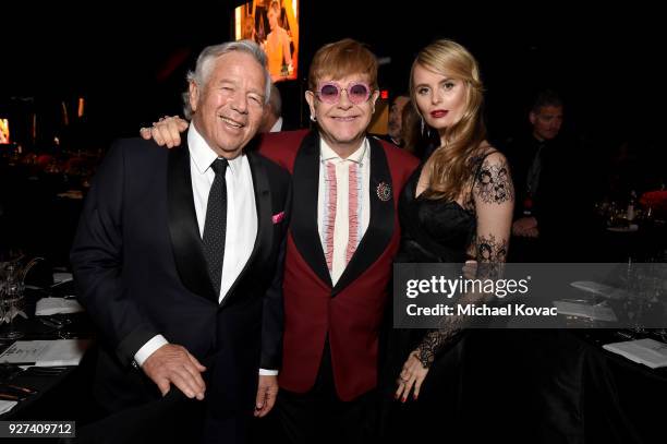 Robert Kraft, Sir Elton John and Ricki Lander attend the 26th annual Elton John AIDS Foundation Academy Awards Viewing Party sponsored by Bulgari,...