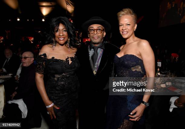 Guest, Spike Lee and Tonya Lewis Lee attend the 26th annual Elton John AIDS Foundation Academy Awards Viewing Party sponsored by Bulgari, celebrating...