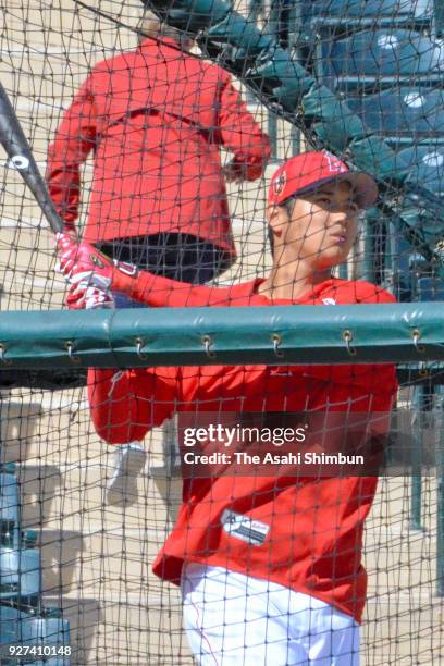 Shohei Ohtani of the Los Angeles Angels in action during a spring training on March 3, 2018 in Tempe, Arizona.