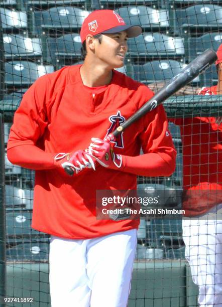 Shohei Ohtani of the Los Angeles Angels in action during a spring training on March 3, 2018 in Tempe, Arizona.
