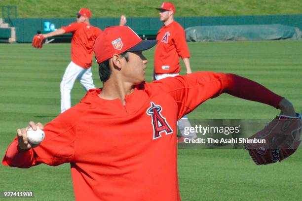 Shohei Ohtani of the Los Angeles Angels in action during a spring training on March 3, 2018 in Tempe, Arizona.