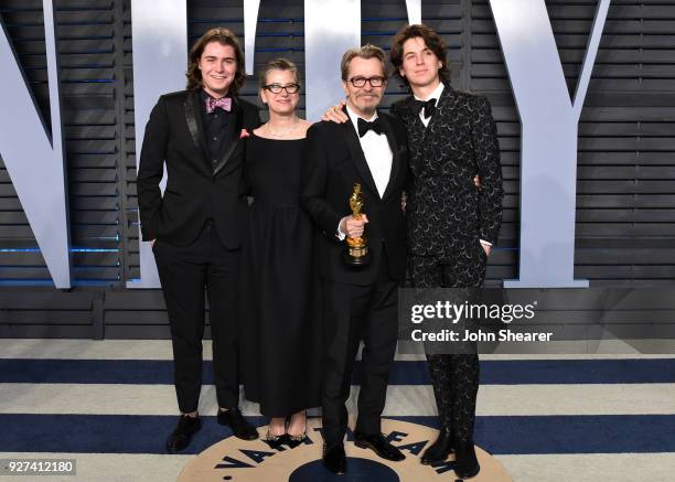 Gulliver Oldman, Gisele Schmidt, actor Gary Oldman, and Charlie Oldman attend the 2018 Vanity Fair Oscar Party hosted by Radhika Jones at Wallis...