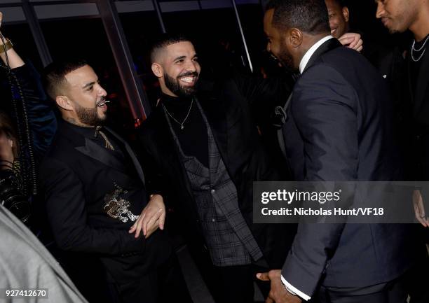 French Montana, Drake and P Diddy attend the 2018 Vanity Fair Oscar Party hosted by Radhika Jones at Wallis Annenberg Center for the Performing Arts...