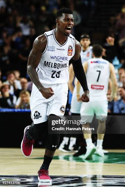 Casey Prather of United celebrates after winning game two of the NBL semi final series between Melbourne United and the New Zealand Breakers at Spark...