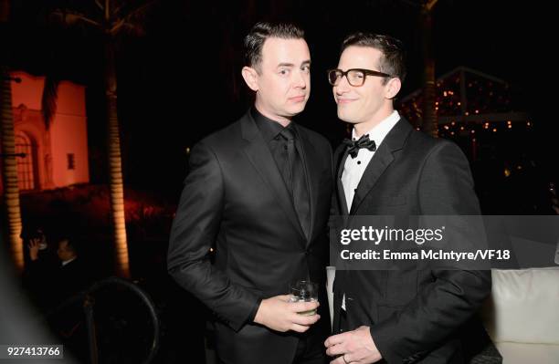 Colin Hanks and Andy Samberg attend the 2018 Vanity Fair Oscar Party hosted by Radhika Jones at Wallis Annenberg Center for the Performing Arts on...