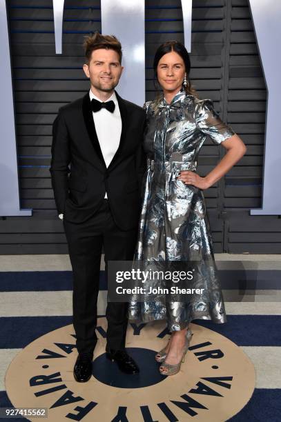 Actor Adam Scott and Naomi Scott attend the 2018 Vanity Fair Oscar Party hosted by Radhika Jones at Wallis Annenberg Center for the Performing Arts...
