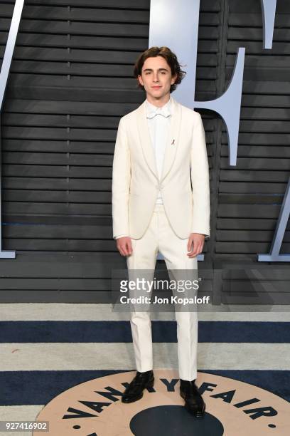 Timothée Chalamet attends the 2018 Vanity Fair Oscar Party hosted by Radhika Jones at Wallis Annenberg Center for the Performing Arts on March 4,...