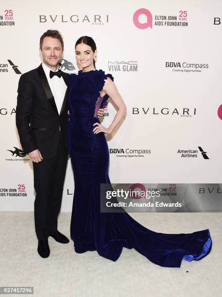 Chris Hardwick and Lydia Hearst arrives at the 26th Annual Elton John AIDS Foundation's Academy Awards Viewing Party on March 4, 2018 in West...