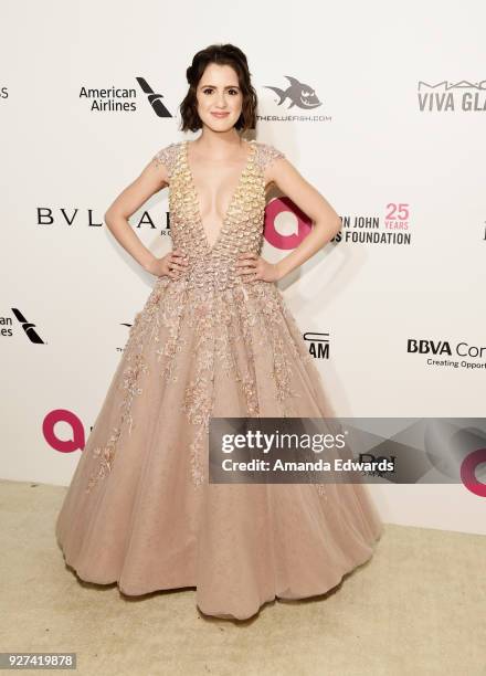 Actress Laura Marano arrives at the 26th Annual Elton John AIDS Foundation's Academy Awards Viewing Party on March 4, 2018 in West Hollywood,...