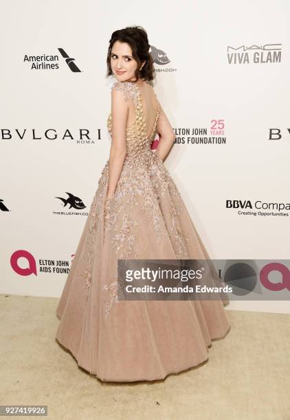 Actress Laura Marano arrives at the 26th Annual Elton John AIDS Foundation's Academy Awards Viewing Party on March 4, 2018 in West Hollywood,...