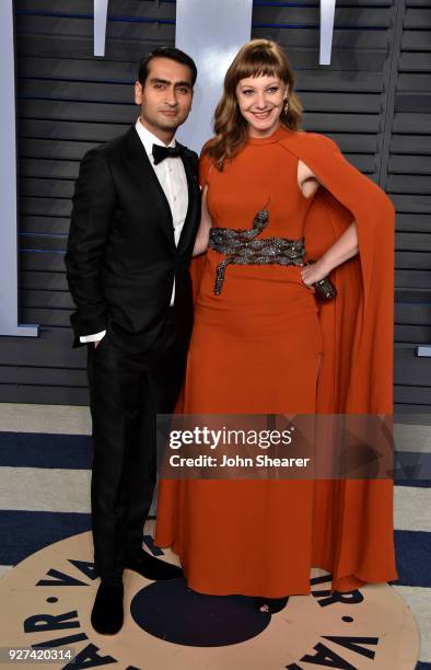 Actor Kumail Nanjiani and writer Emily V. Gordon attend the 2018 Vanity Fair Oscar Party hosted by Radhika Jones at Wallis Annenberg Center for the...
